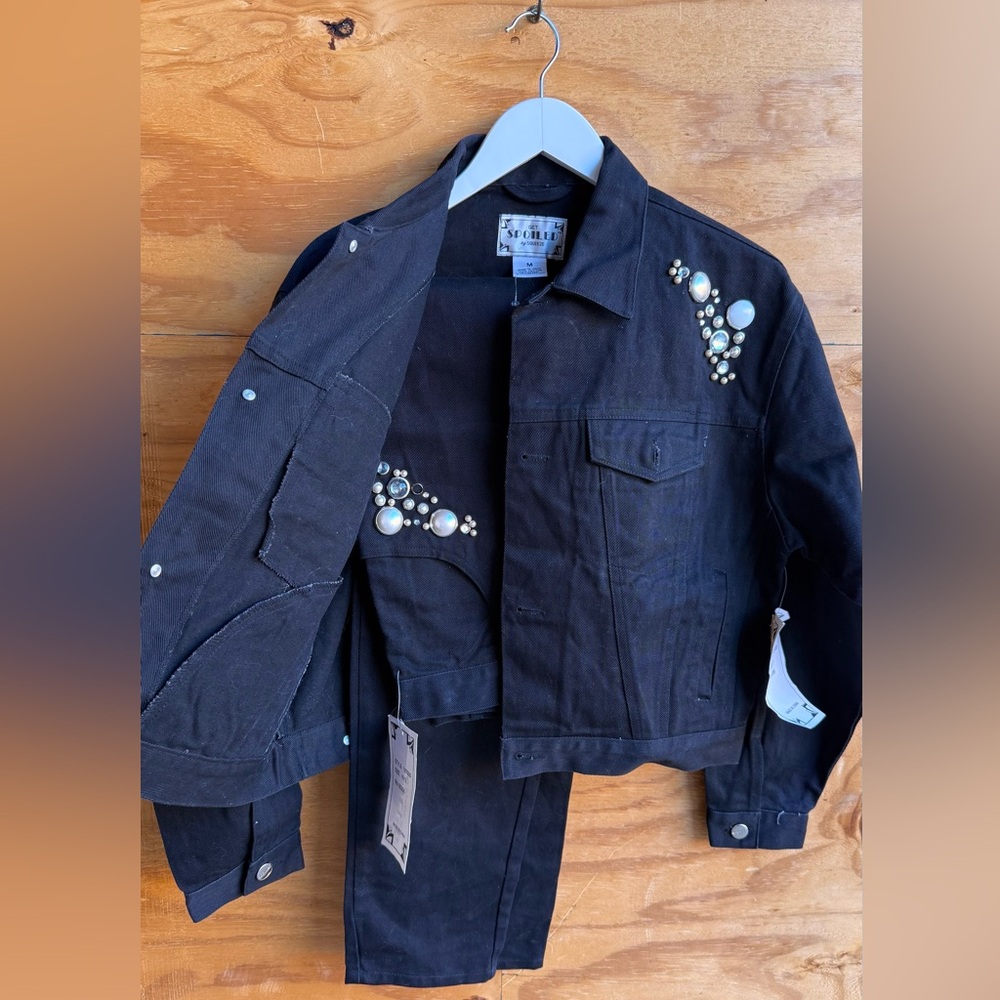 NWT Vintage Embellished Black Women's Denim Jacket and Pants Set M Deadstock 90s